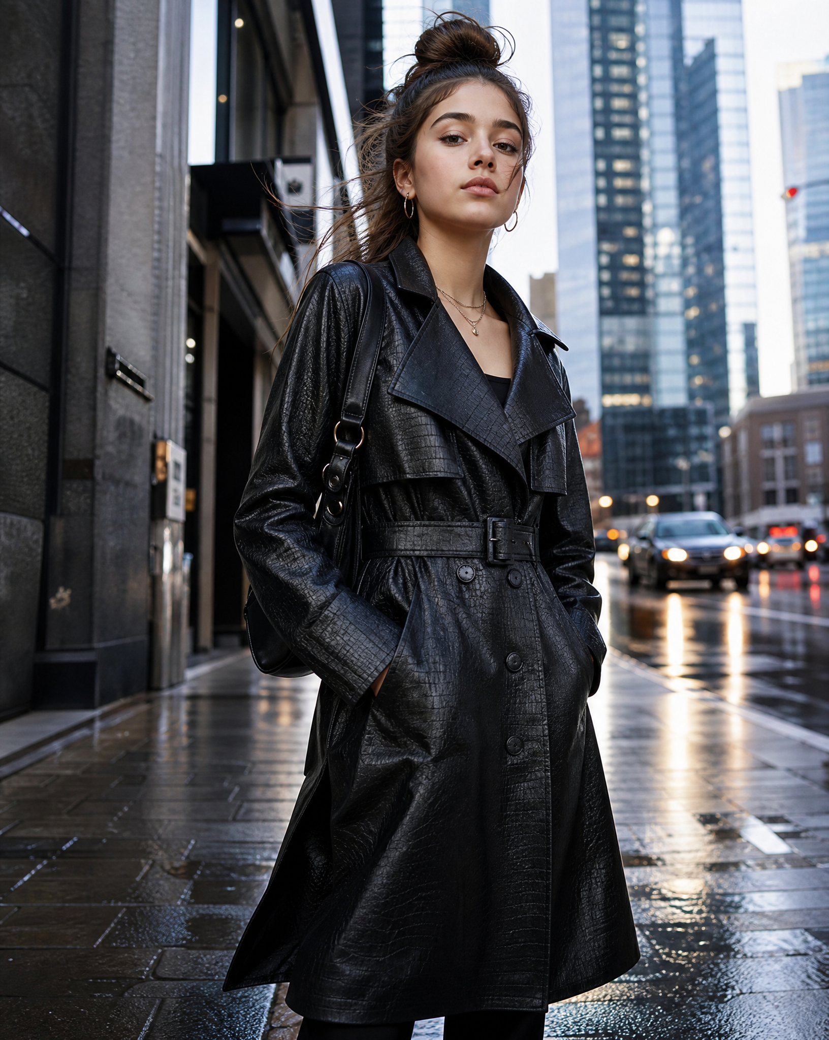 Mauroicardi Spring Long Matte Black Crocodile Print Pu Leather Trench Coat for Women with Belt Loose Casual Korean Fashion 2024