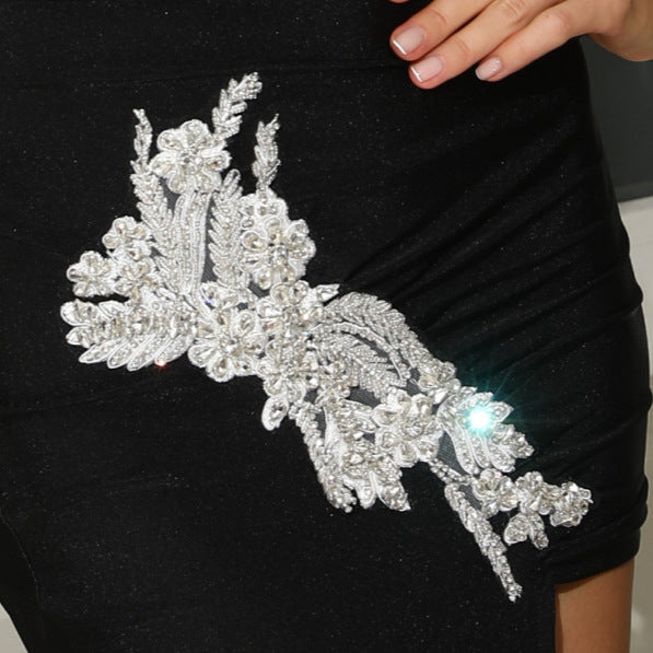 Factory Direct Supply Pure Black French Retro Long-Sleeve Bandage Dress High-End Diamond Evening Gown Supports Mixed Batch Orders