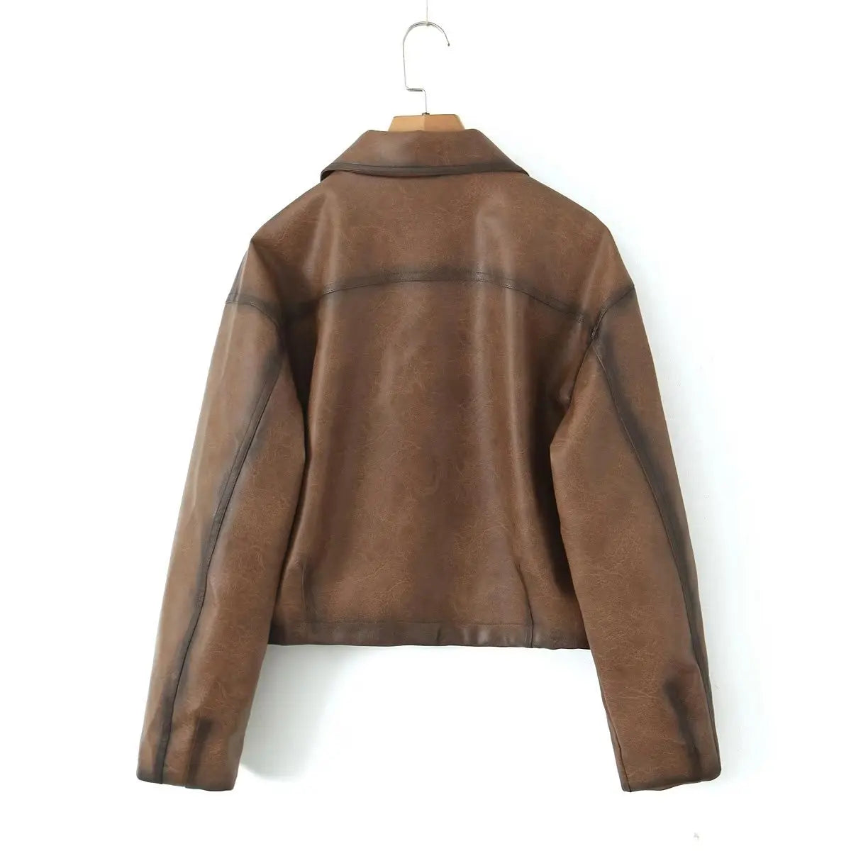 American Retro Women Vintage Gradient Brown PU Leather Jacket Full Sleeve Single-breasted Button Coat Loose Short Outerwear