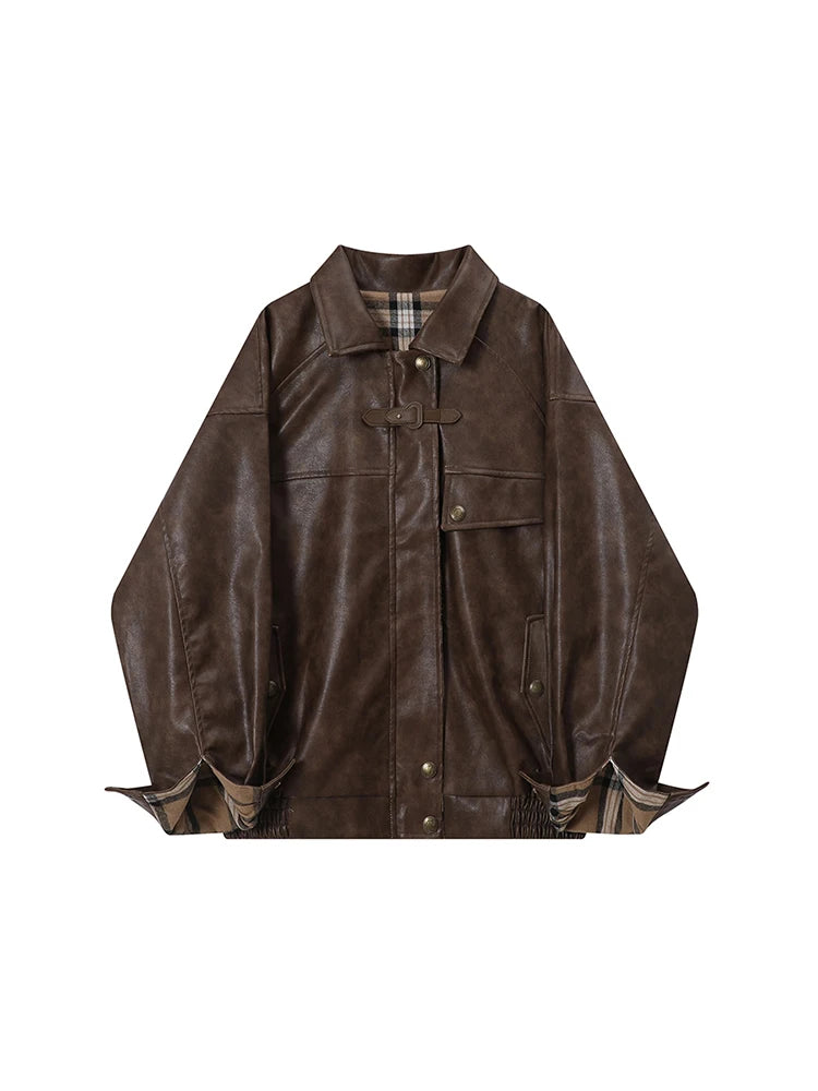 Lautaro-Plaid Patchwork Pu Leather Jacket for Women, Oversized, Soft, Reversible, Long Sleeve, Luxury Designer Clothing, Spring