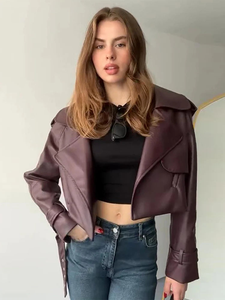 Vintage Leather Jackets Coats Women Single Breasted Loose Contrast American Style Lapel Short Jacket Chic Motorcycle Outwears