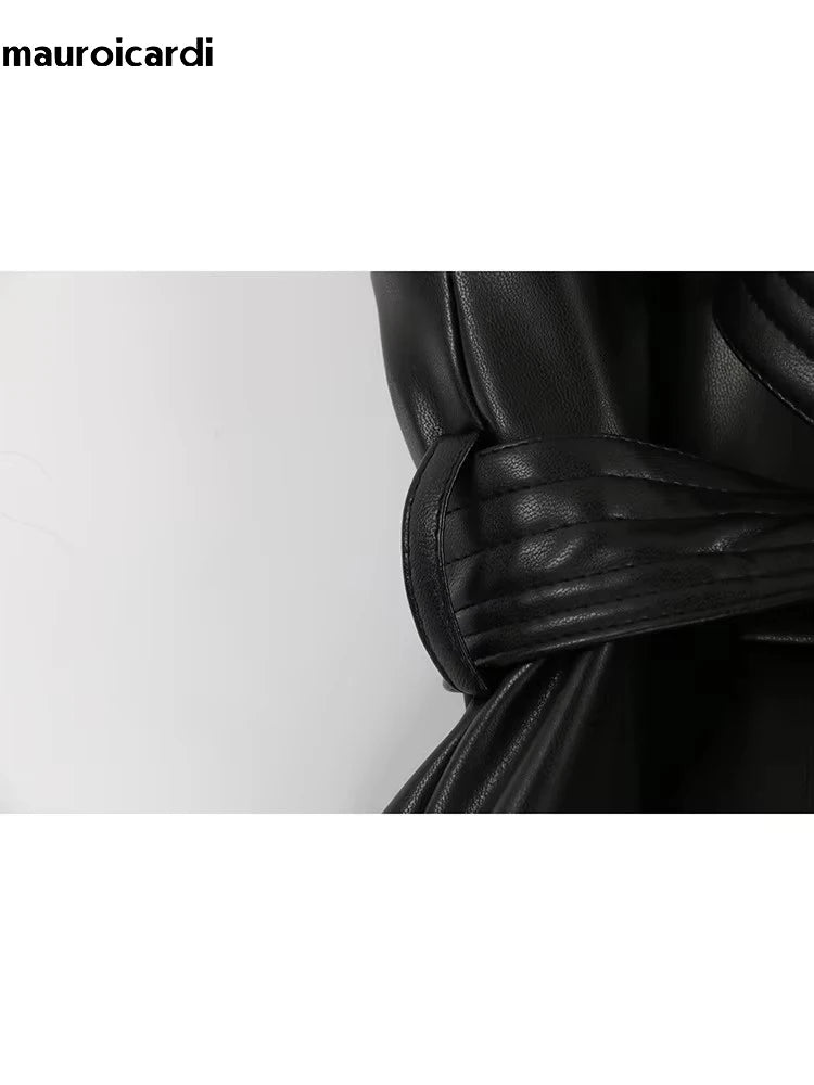 Mauroicardi Spring Short Black Soft Pu Leather Vest Women with Side Slit Sashes Stand Collar Luxury Chic Sleeveless Jacket 2025