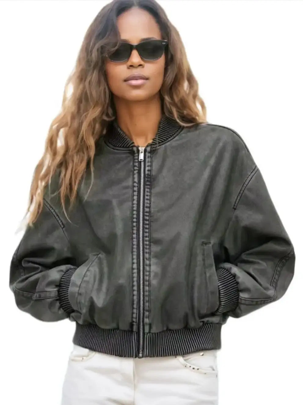 2025 New Autumn Women Vintage Bomber Washed PU Faux Leather Jackets Ladies Gradient Zipper Motor Biker Gray Baseball Short Coats