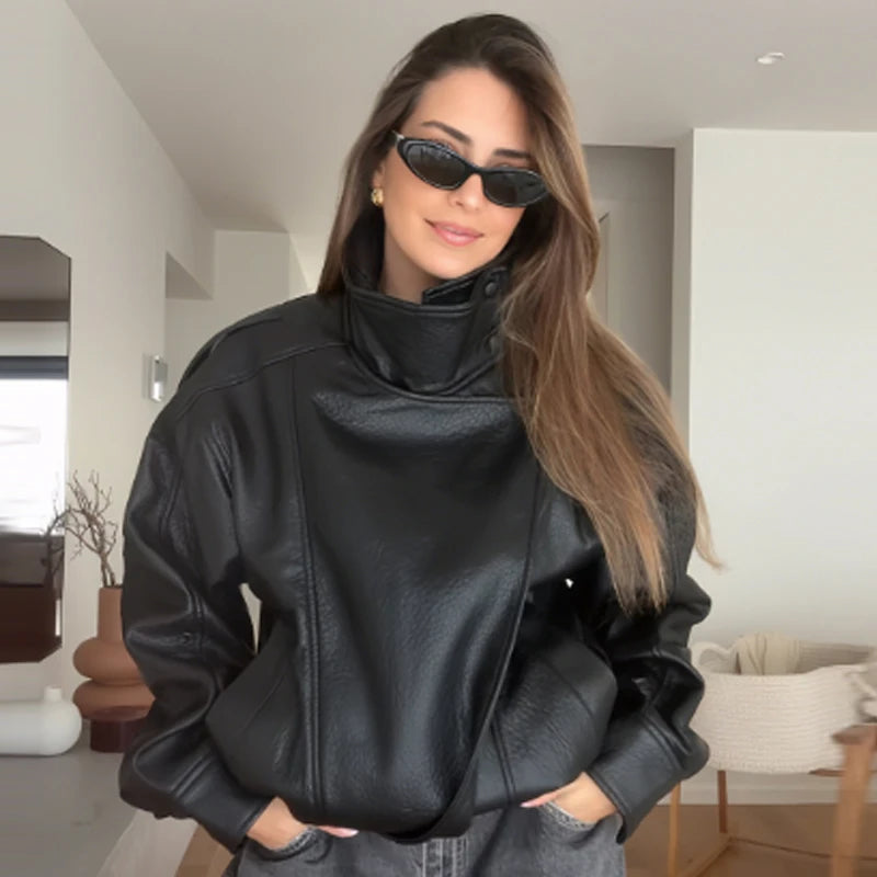 Black Faux Leather Jacket Women's Jackets New In Coats & Jackets Asymmetric Moto Biker Zipper Jacket Long Sleeve Outerwears