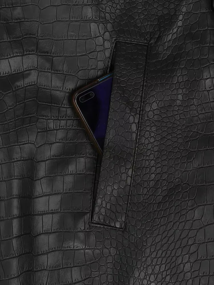 Mauroicardi Spring Long Matte Black Crocodile Print Pu Leather Trench Coat for Women with Belt Loose Casual Korean Fashion 2024