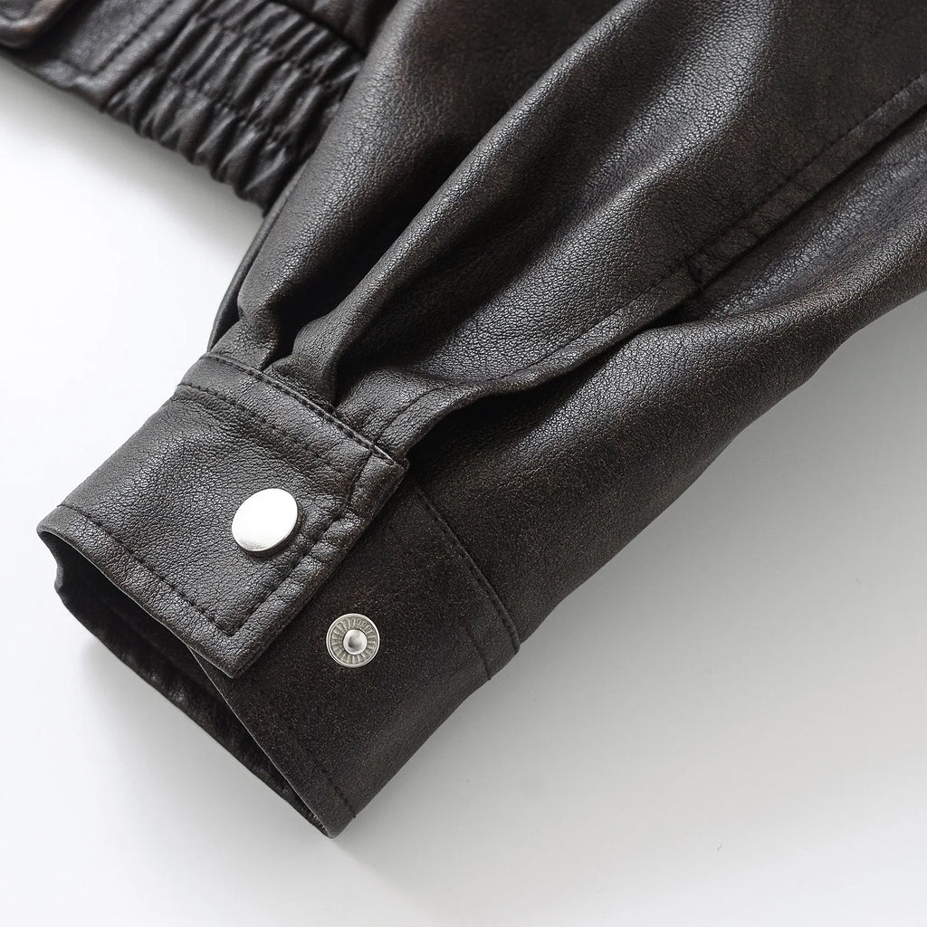 Faux Leather Women Jackets Pu Coats Turn Down Collar Coat Casual Loose Y2k Streetwear Splice Work Jacket Autumn Winter 2025