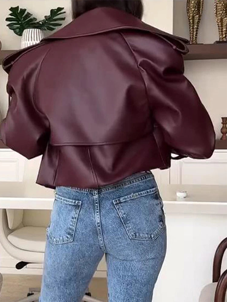 Vintage Leather Jackets Coats Women Single Breasted Loose Contrast American Style Lapel Short Jacket Chic Motorcycle Outwears