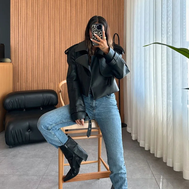 Vintage Leather Jackets Coats Women Single Breasted Loose Contrast American Style Lapel Short Jacket Chic Motorcycle Outwears