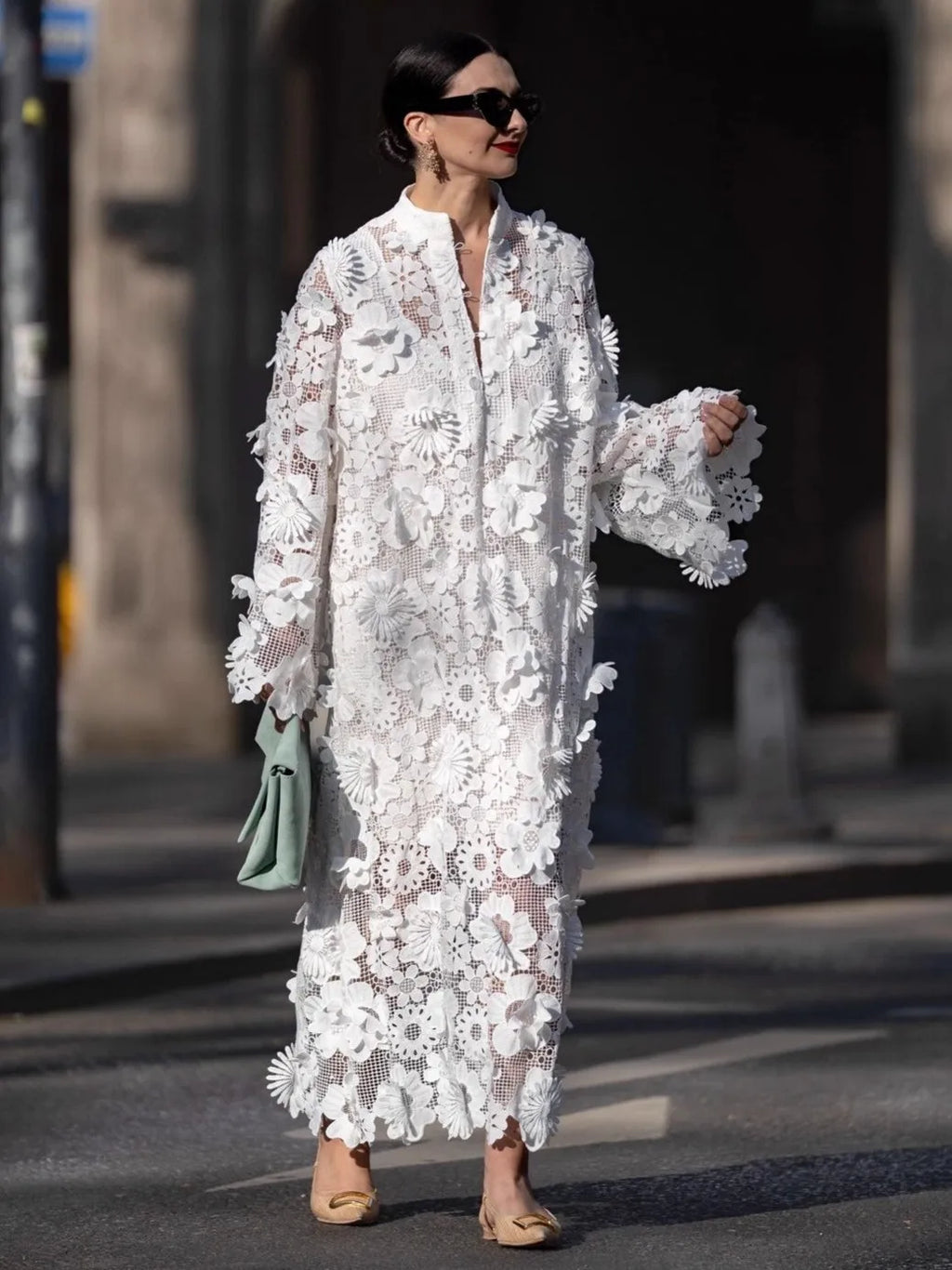Women's 3D Floral Appliqué Crochet Lace Midi Dress Stand Collar Long Sleeve Oversized for Vacation Brunch Wedding