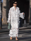 Women's 3D Floral Appliqué Crochet Lace Midi Dress Stand Collar Long Sleeve Oversized for Vacation Brunch Wedding