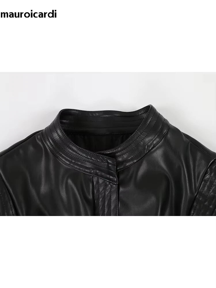 Mauroicardi Spring Short Black Soft Pu Leather Vest Women with Side Slit Sashes Stand Collar Luxury Chic Sleeveless Jacket 2025