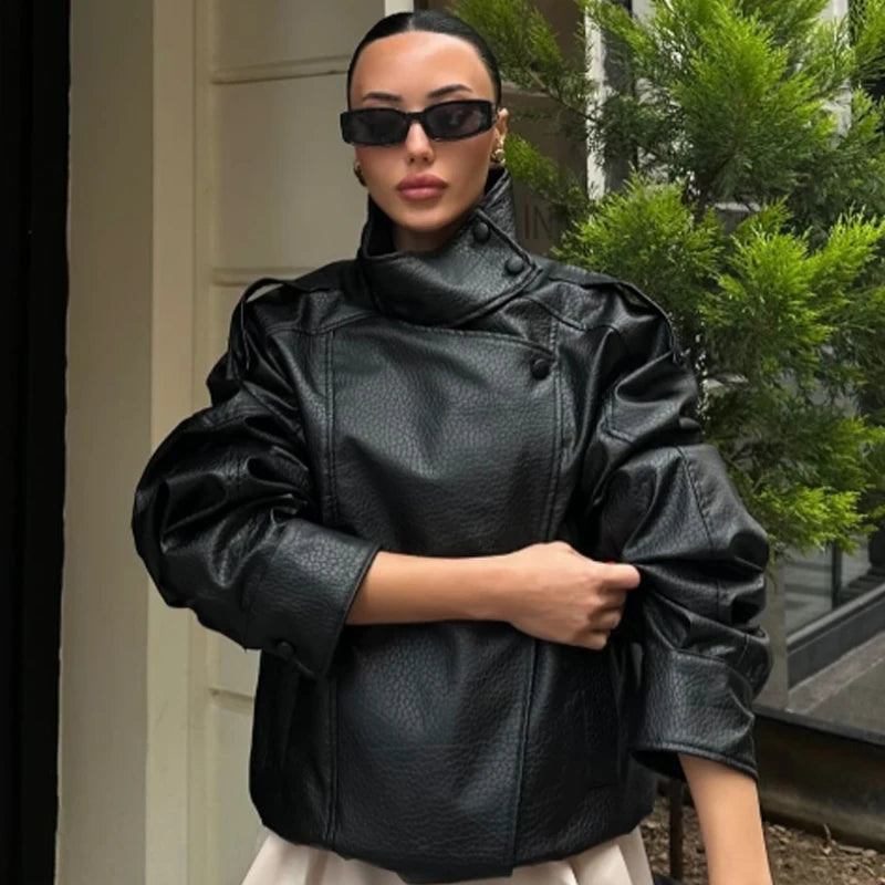 Black Faux Leather Jacket Women's Jackets New In Coats & Jackets Asymmetric Moto Biker Zipper Jacket Long Sleeve Outerwears
