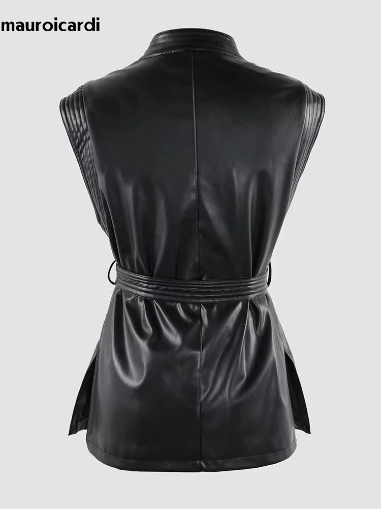 Mauroicardi Spring Short Black Soft Pu Leather Vest Women with Side Slit Sashes Stand Collar Luxury Chic Sleeveless Jacket 2025
