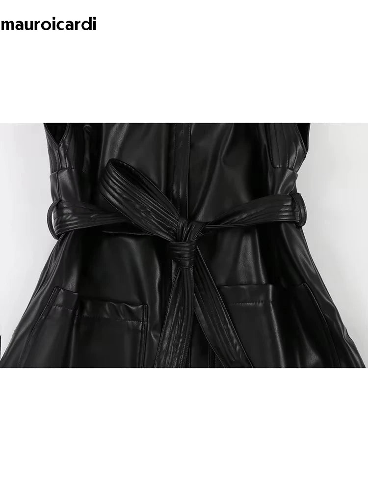 Mauroicardi Spring Short Black Soft Pu Leather Vest Women with Side Slit Sashes Stand Collar Luxury Chic Sleeveless Jacket 2025