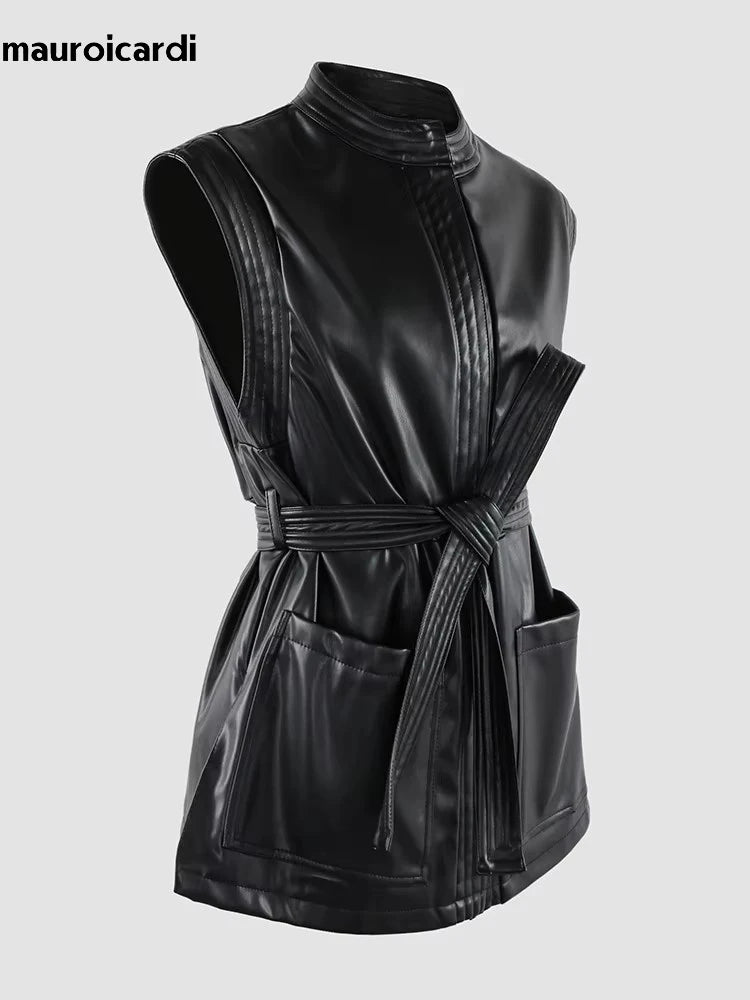 Mauroicardi Spring Short Black Soft Pu Leather Vest Women with Side Slit Sashes Stand Collar Luxury Chic Sleeveless Jacket 2025