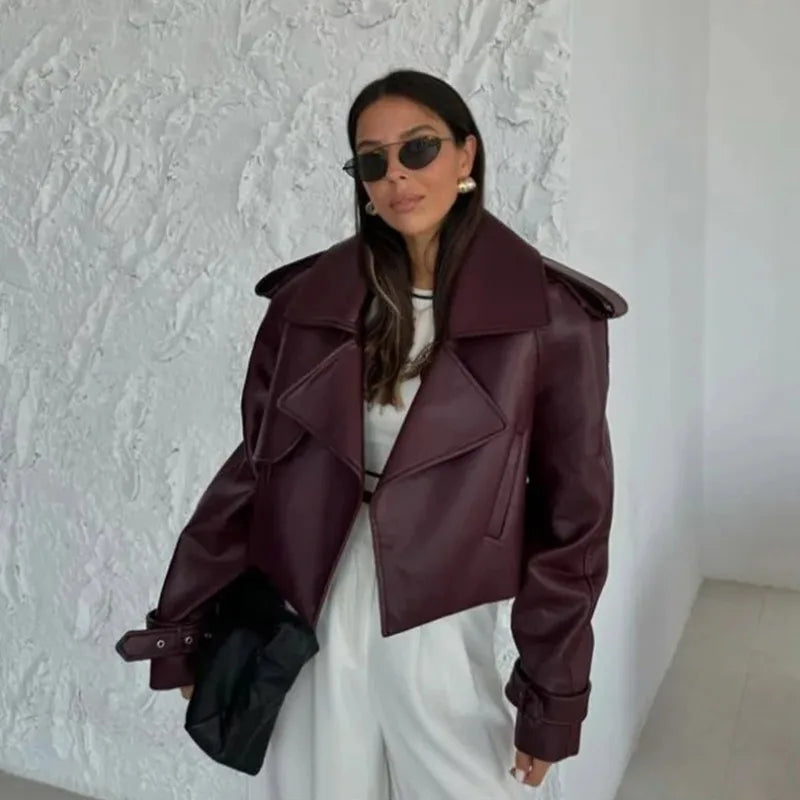 Vintage Leather Jackets Coats Women Single Breasted Loose Contrast American Style Lapel Short Jacket Chic Motorcycle Outwears