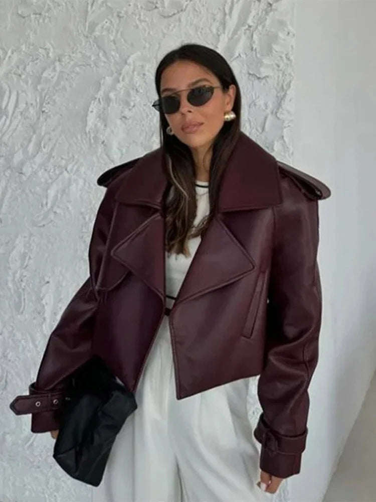 Vintage Leather Jackets Coats Women Single Breasted Loose Contrast American Style Lapel Short Jacket Chic Motorcycle Outwears