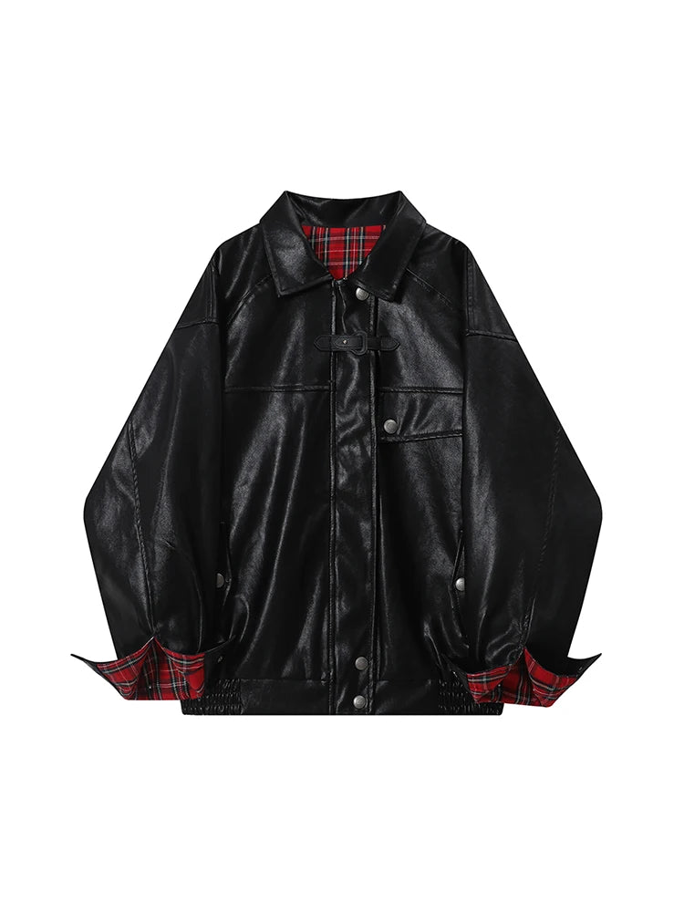 Lautaro-Plaid Patchwork Pu Leather Jacket for Women, Oversized, Soft, Reversible, Long Sleeve, Luxury Designer Clothing, Spring