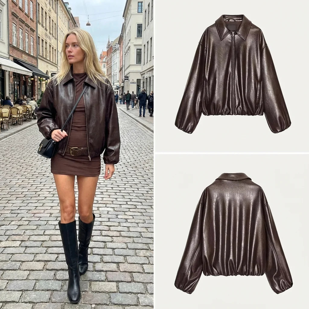 Ele Leatherette Pilot Jaet Women's Faion Autumn 2025 Z Stand Fit ort Outerwear European Sle Ladies Coat
