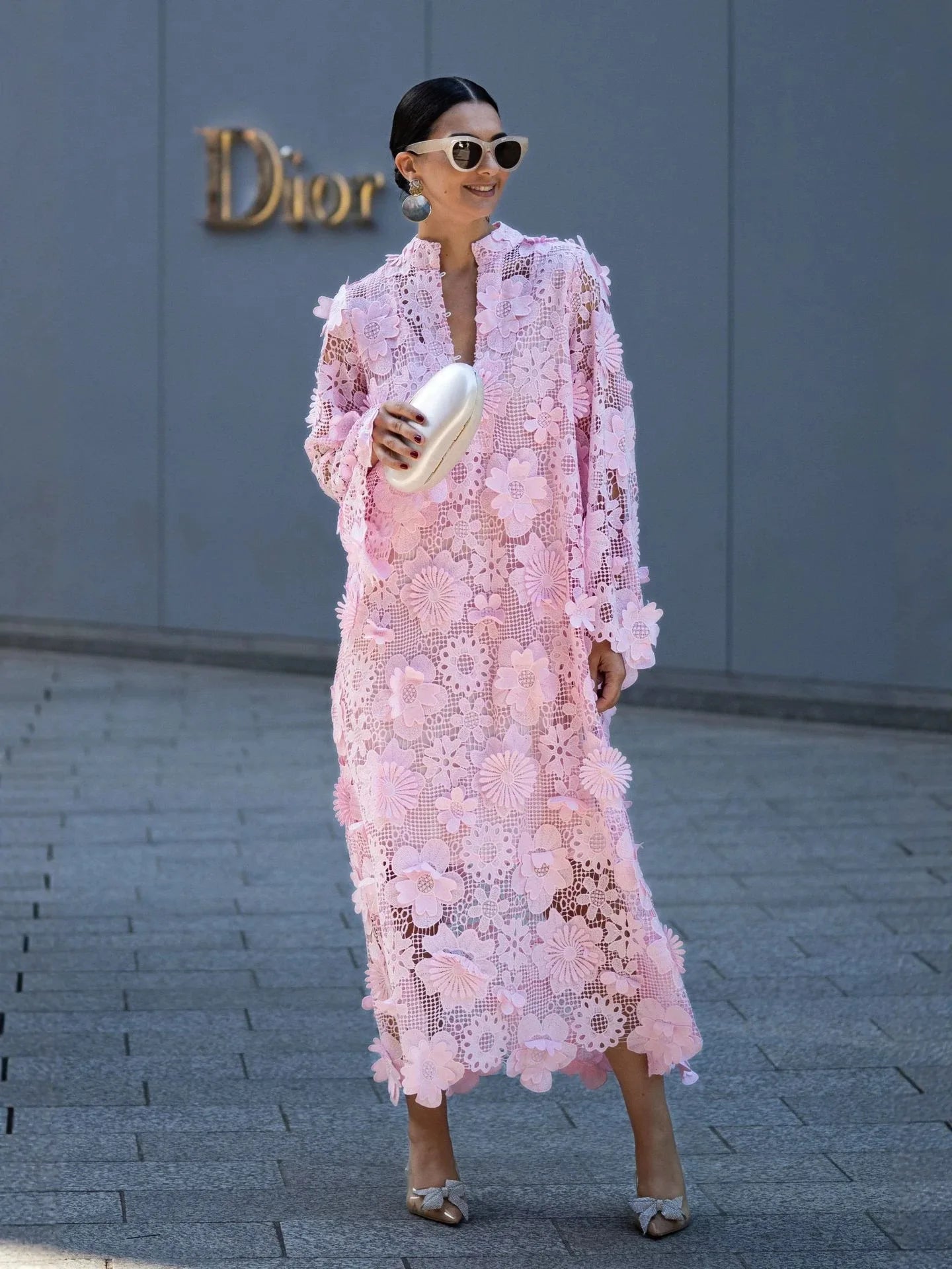 Women's 3D Floral Appliqué Crochet Lace Midi Dress Stand Collar Long Sleeve Oversized for Vacation Brunch Wedding
