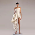 Chic Strapless Irregular Ruffles Long Bandage Dress Women White Sleeveless Satin Bodycon Bride Dresses Elegant Evening Party Gow