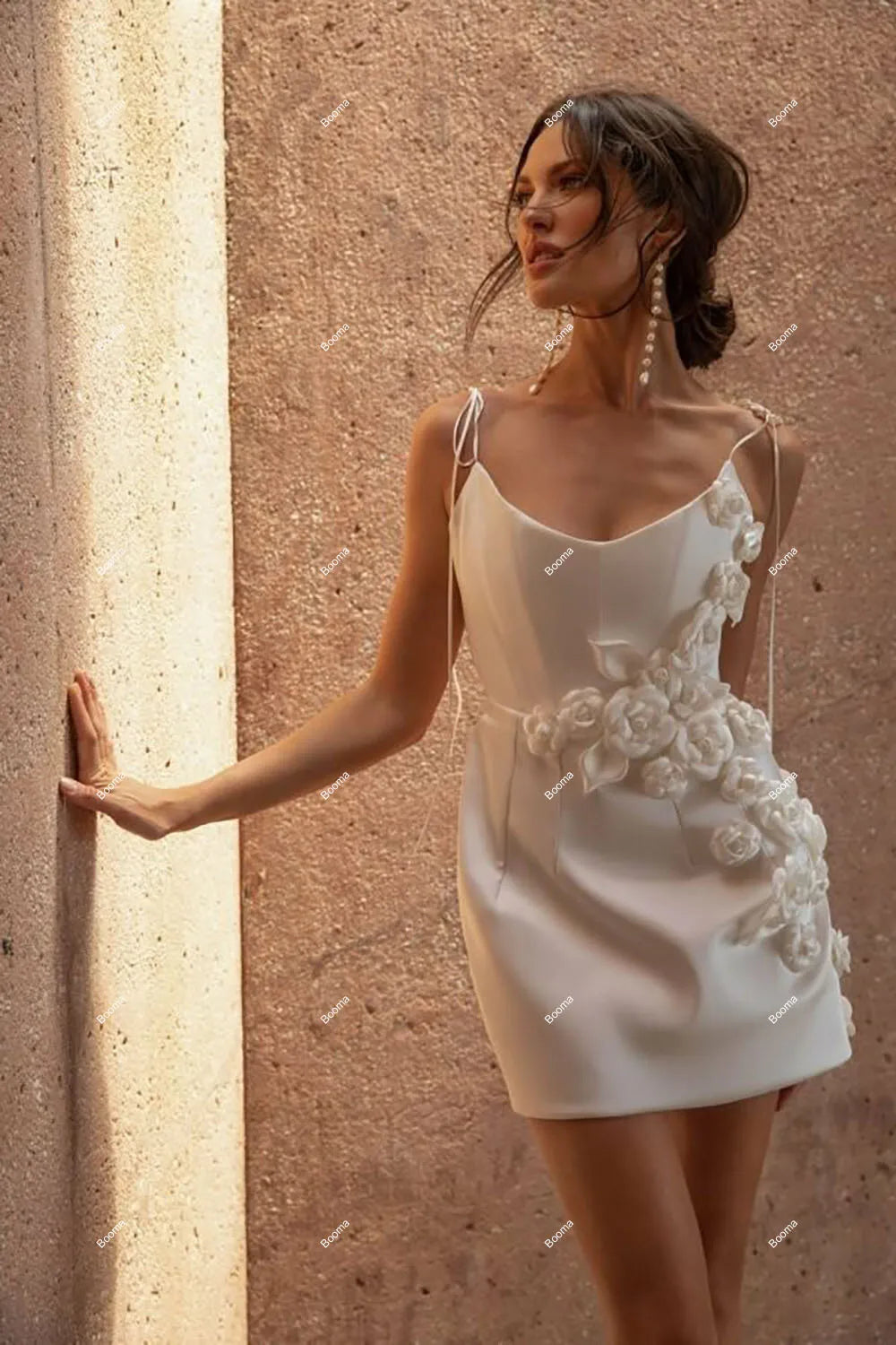 Booma Simple Elegant Short Wedding Dresses 3D Flowers Spaghetti Straps Mermaid Brides Party Dresses Cocktail Gowns Customized