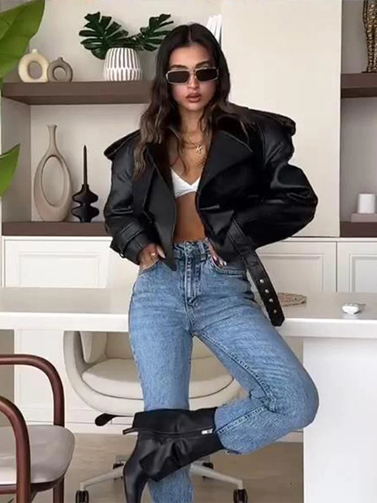 Vintage Leather Jackets Coats Women Single Breasted Loose Contrast American Style Lapel Short Jacket Chic Motorcycle Outwears