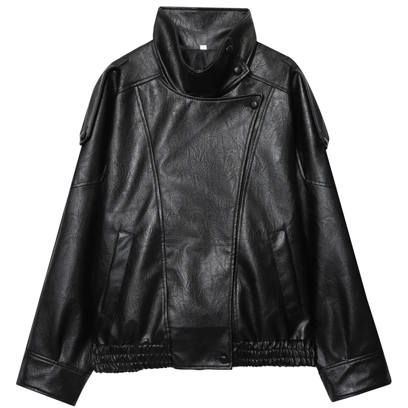 Black Faux Leather Jacket Women's Jackets New In Coats & Jackets Asymmetric Moto Biker Zipper Jacket Long Sleeve Outerwears