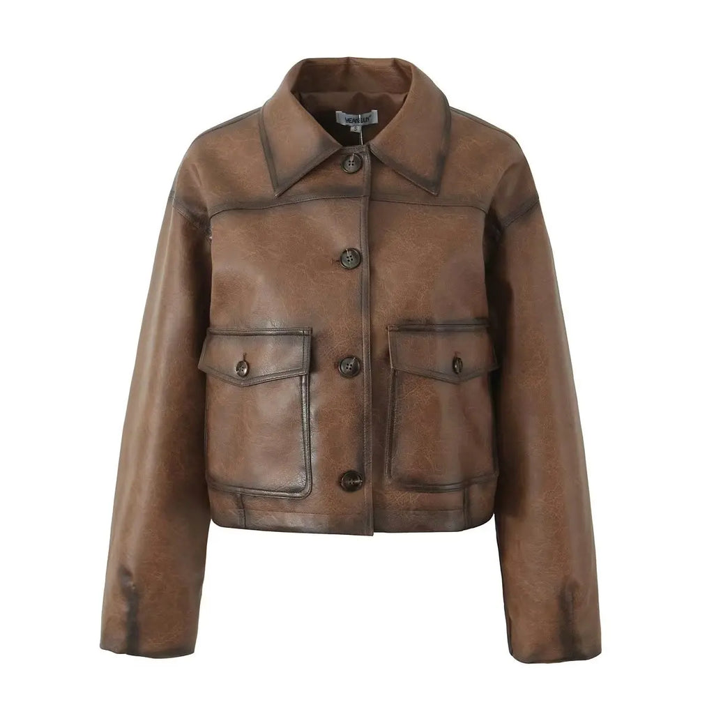 American Retro Women Vintage Gradient Brown PU Leather Jacket Full Sleeve Single-breasted Button Coat Loose Short Outerwear