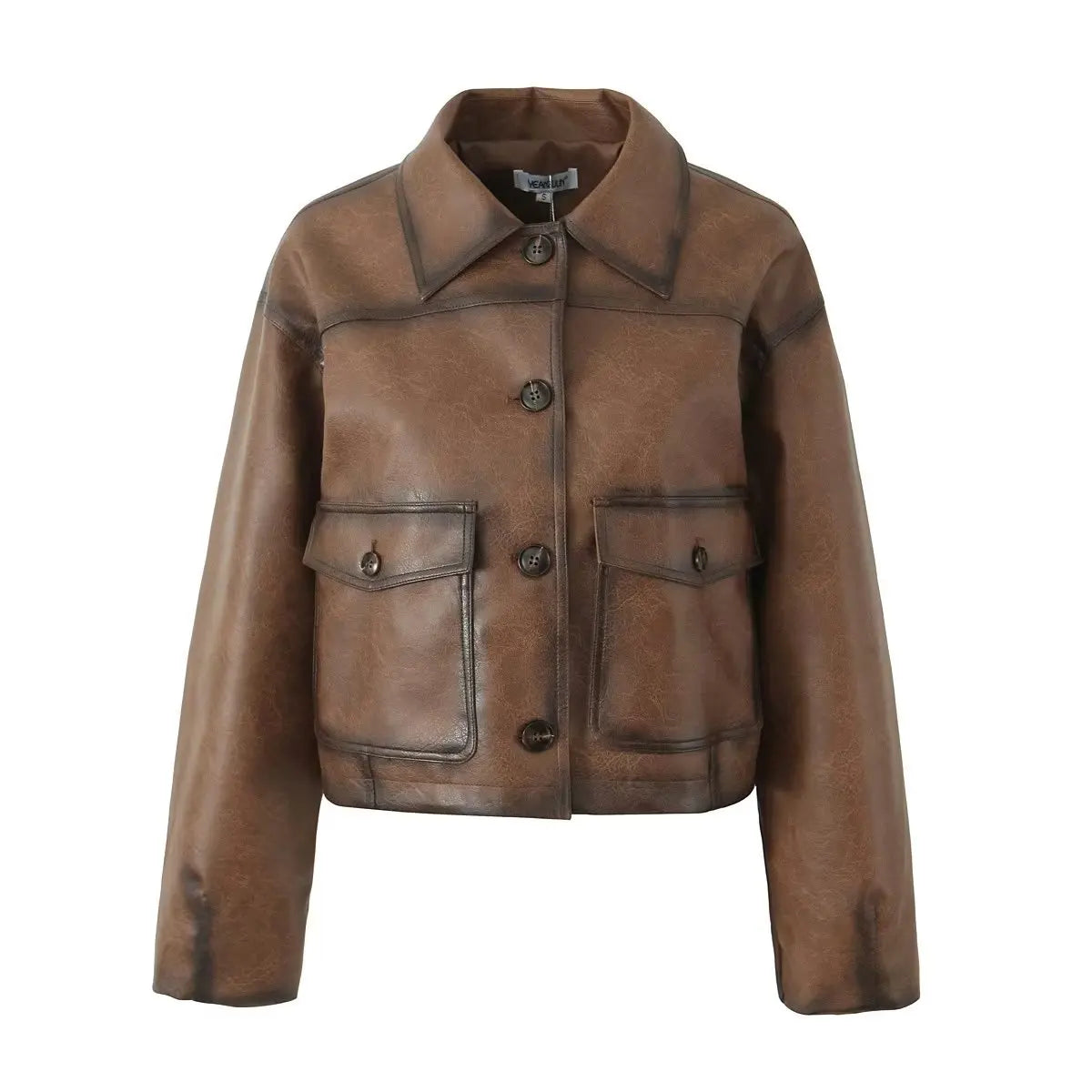 American Retro Women Vintage Gradient Brown PU Leather Jacket Full Sleeve Single-breasted Button Coat Loose Short Outerwear