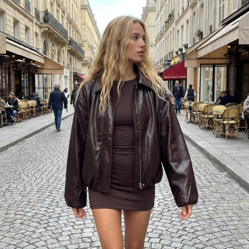 Ele Leatherette Pilot Jaet Women's Faion Autumn 2025 Z Stand Fit ort Outerwear European Sle Ladies Coat