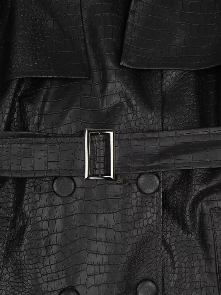 Mauroicardi Spring Long Matte Black Crocodile Print Pu Leather Trench Coat for Women with Belt Loose Casual Korean Fashion 2024