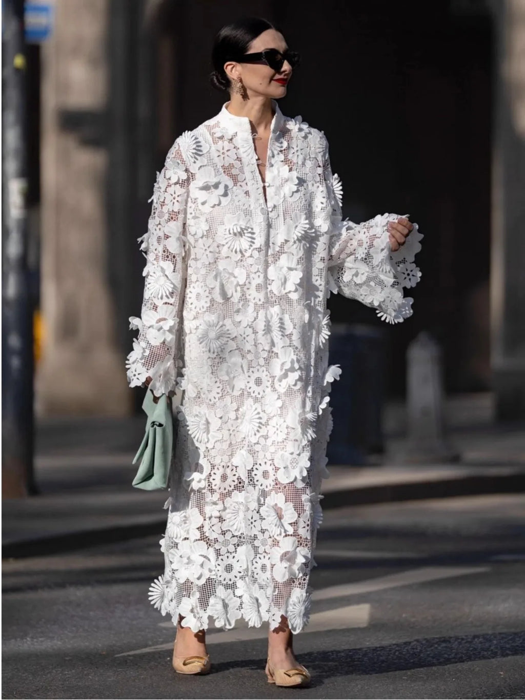 Women's 3D Floral Appliqué Crochet Lace Midi Dress Stand Collar Long Sleeve Oversized for Vacation Brunch Wedding