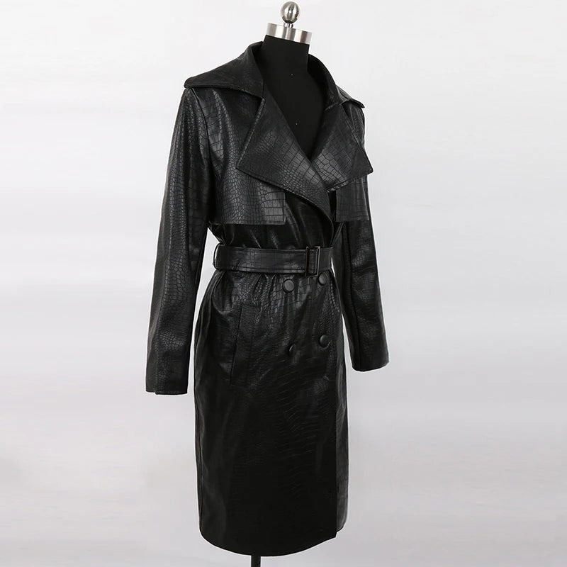 Mauroicardi Spring Long Matte Black Crocodile Print Pu Leather Trench Coat for Women with Belt Loose Casual Korean Fashion 2024