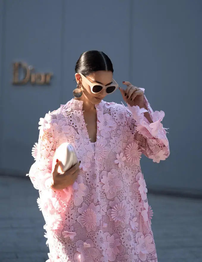 Women's 3D Floral Appliqué Crochet Lace Midi Dress Stand Collar Long Sleeve Oversized for Vacation Brunch Wedding