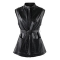 Mauroicardi Spring Short Black Soft Pu Leather Vest Women with Side Slit Sashes Stand Collar Luxury Chic Sleeveless Jacket 2025