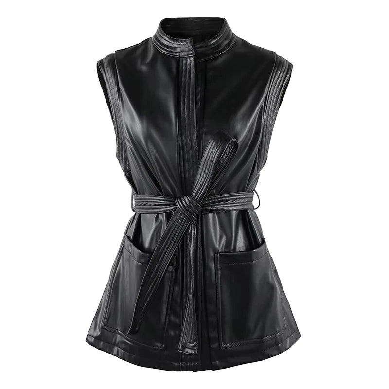 Mauroicardi Spring Short Black Soft Pu Leather Vest Women with Side Slit Sashes Stand Collar Luxury Chic Sleeveless Jacket 2025