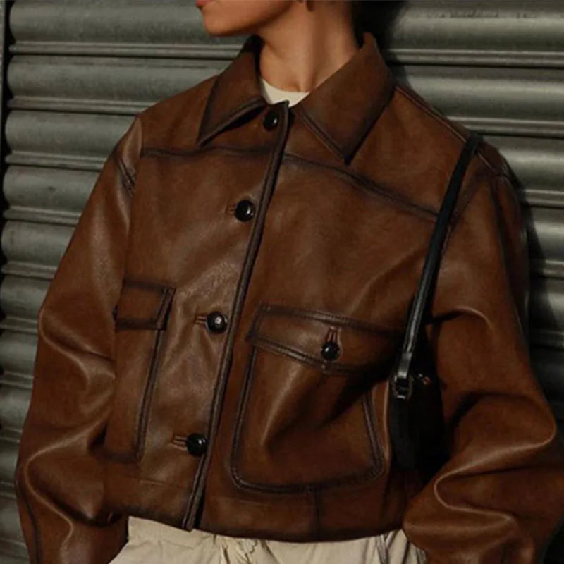 Vintage Leather Jackets Coats Women Single Breasted Loose Contrast American Style Lapel Short Jacket Chic Motorcycle Outwears