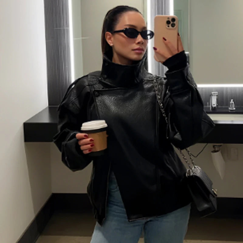 Black Faux Leather Jacket Women's Jackets New In Coats & Jackets Asymmetric Moto Biker Zipper Jacket Long Sleeve Outerwears