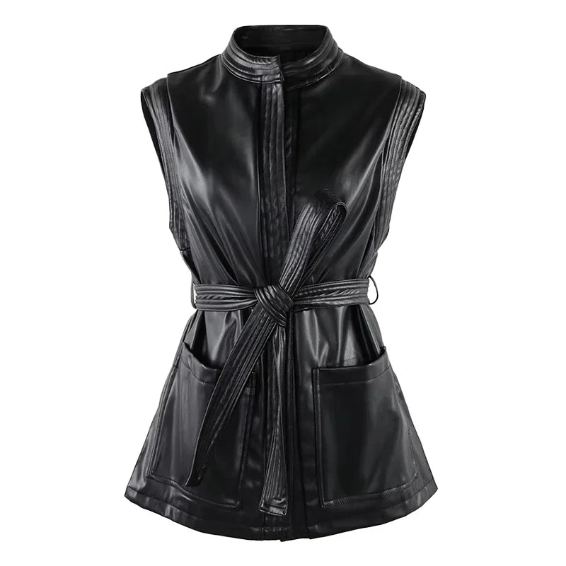 Mauroicardi Spring Short Black Soft Pu Leather Vest Women with Side Slit Sashes Stand Collar Luxury Chic Sleeveless Jacket 2025