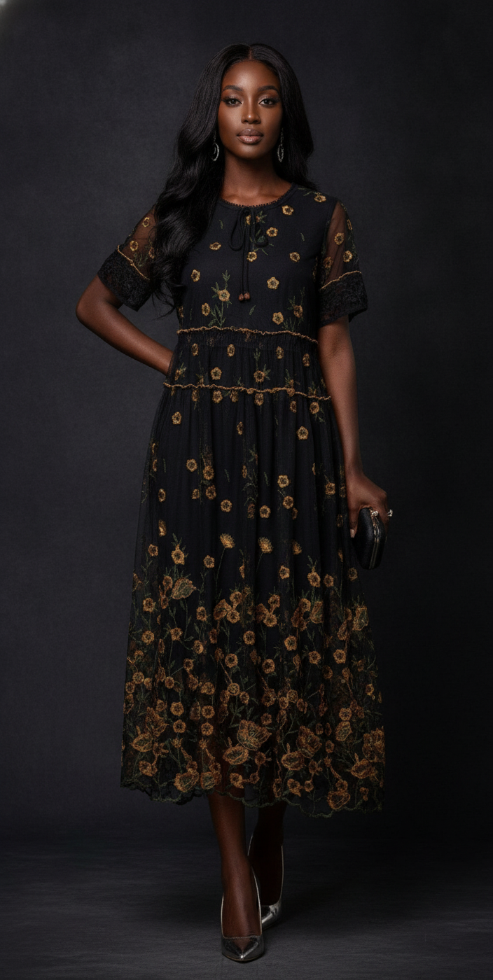 Embroidered Net Yarn Noble Lady Wide Lady Floral Dress Women